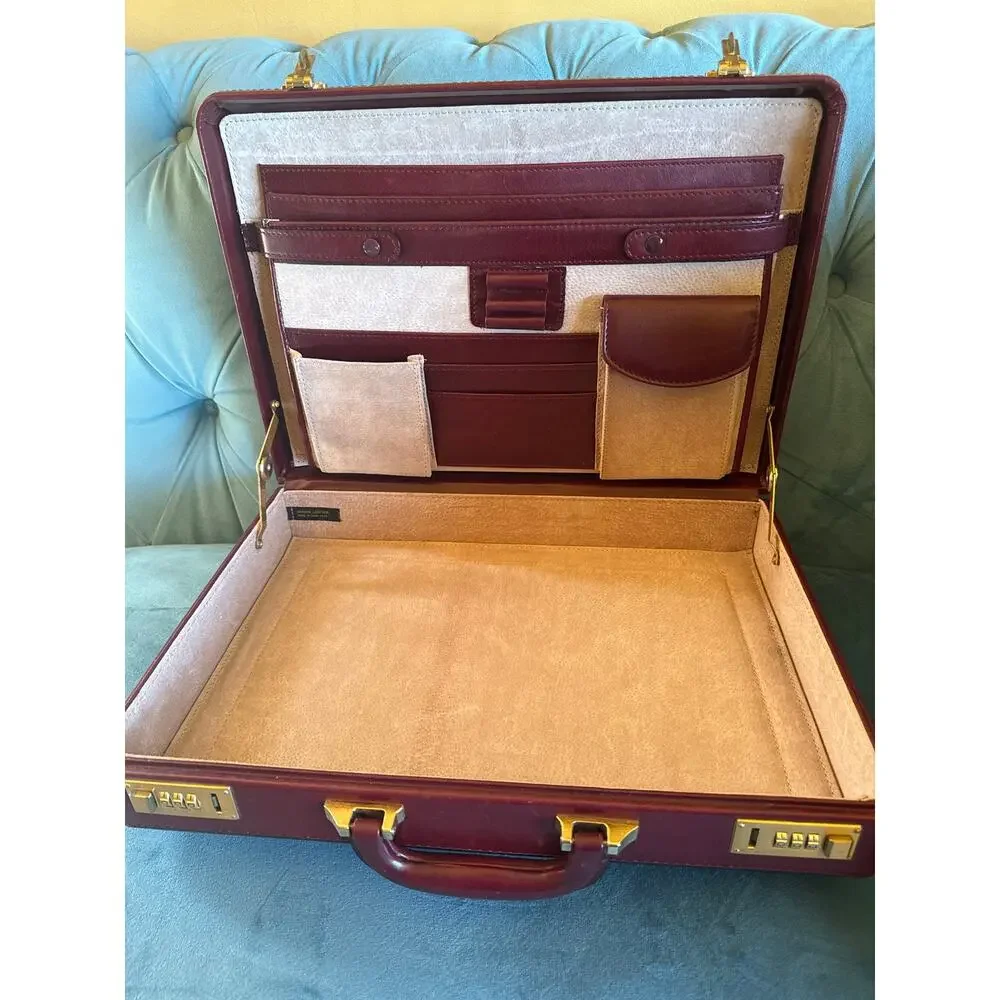 VTG attaché briefcase genuine leather brown burgundy gold tone locks hardware!